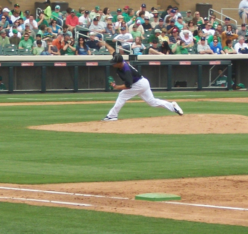 Jeremy Guthrie With Green Glove Above Green Base; Rockies vs. Dodgers Saint Patrick's Day Spring Training 2012- © 2012 rockingroxfan