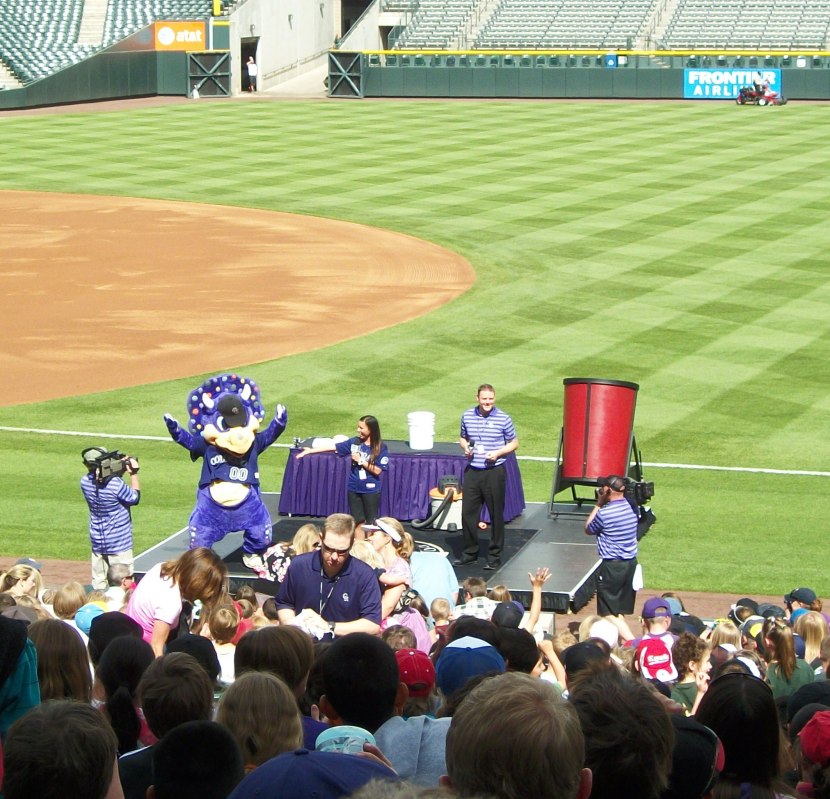Dinger and Two Rockies Employees Introduce Themselves to the Kids, the Employee on the Right is the Rockies' Home Announcer- © 2012 rockingroxfan